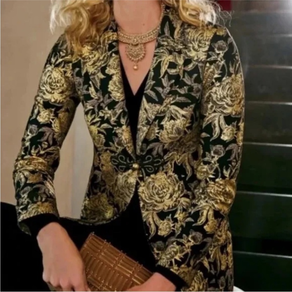 Soft Surroundings Moonstruck Metallic Gold Brocade Blazer Jacket Large Holiday - Picture 11 of 11
